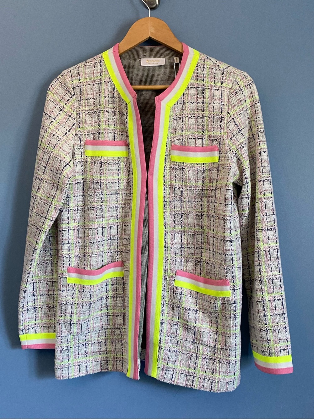 Rich&Royal Women’s Tweed Longline Jacket with Neon Trim - Pink/Yellow